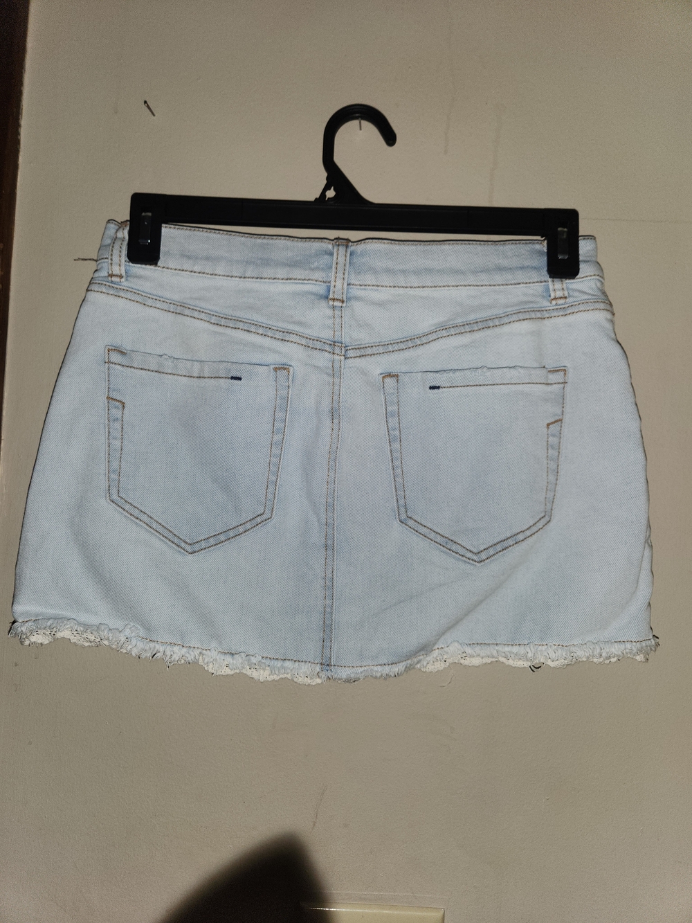 Light Wash Denim Mini Skirt with Lace Hem - Picture 2 of 5
